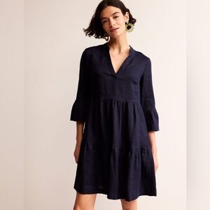 Boden 100% Linen Navy Mini Dress Sz 4R Flowy Coastal Cottage 3/4 Sleeves